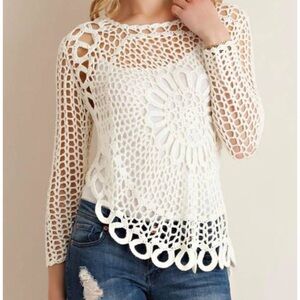 Entro White Crochet Sweater Sz L Long Sleeve Asymmetrical Hem